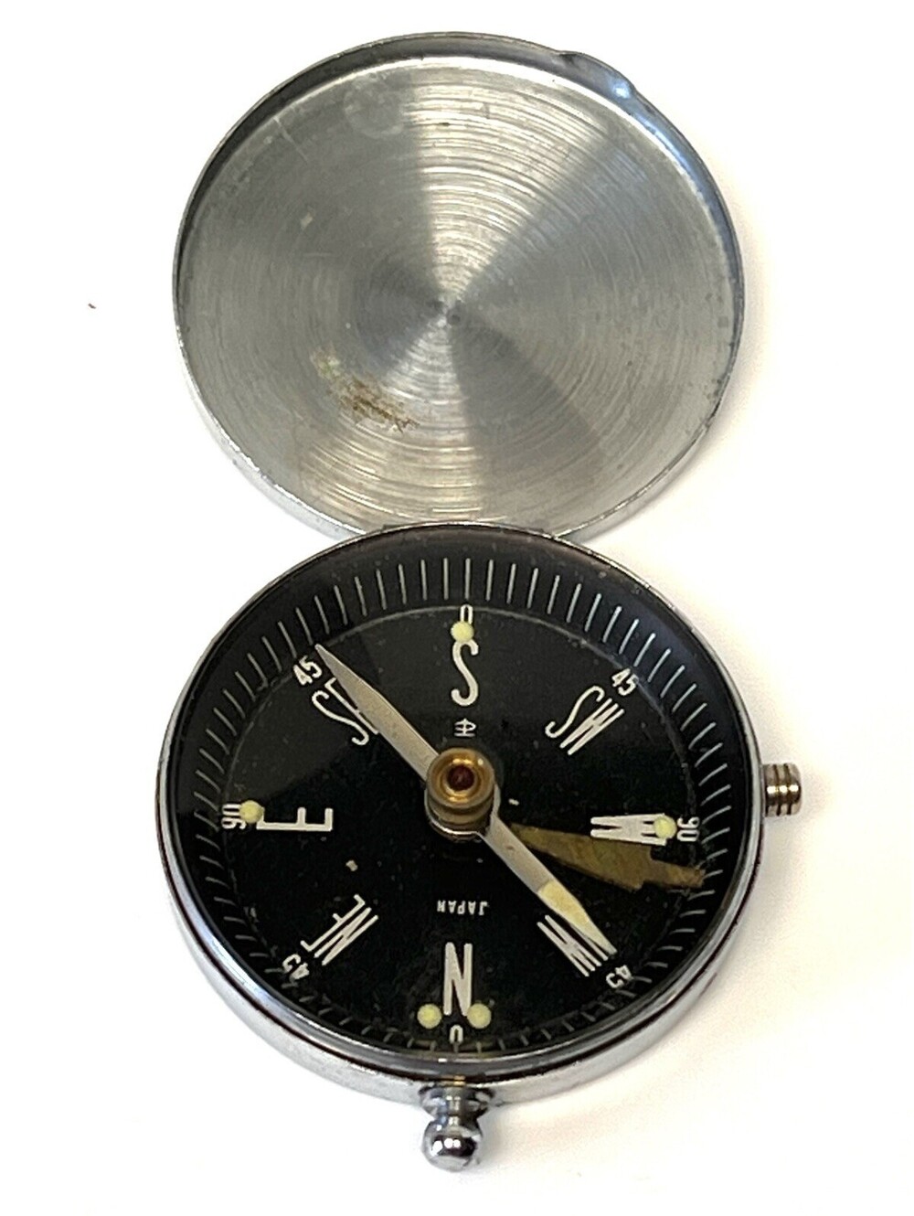 Vintage Chrome Pocket Compass Japan Silver Tone Hunting Hinged Lid Stamped "D"
